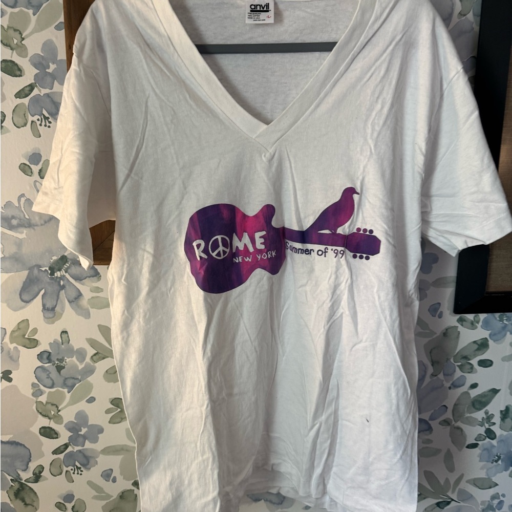 Original Woodstock 99 White V-Neck Tee with Purple Graphic
